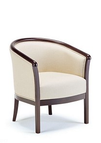 Modern lounge chair upholstered in choice of fabric and wood polish